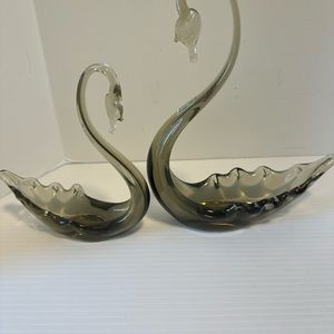 SMOKEY Grey GLASS WHITEFRIARS SWAN STATUE BOWL VINTAGE MCM ORIGINAL STICKER Pair